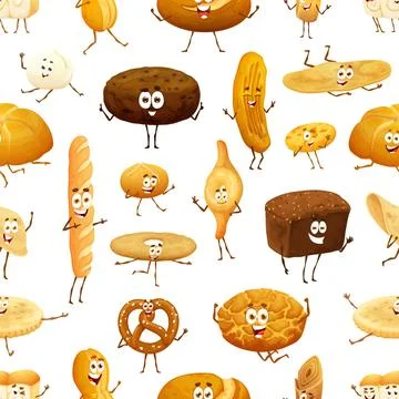 Cartoon bread, bakery characters seamless pattern Stock Illustration