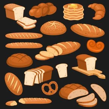 Cartoon bread. Bakery rye products, wheat and whole grain and sliced. French Illustrazione stock