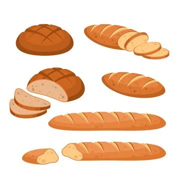 Cartoon bread. Bakery wheat products. Rye breads, baguette and ciabatta. Whole Illustrazione stock