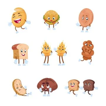Cartoon bread characters. Bakery set with cute funny smiley faces, toast bread Stock Illustration