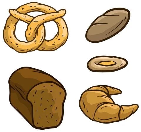 Cartoon bread loaf pretzel beaker vector icon set 스톡 일러스트