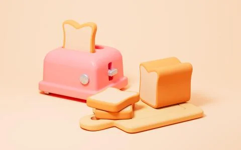 Cartoon bread maker and sliced bread in the yellow background. 3d rendering. 스톡 일러스트