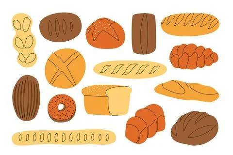 Cartoon bread set. Fresh bakery products, sliced loaf baguette ciabatta Stock Illustration