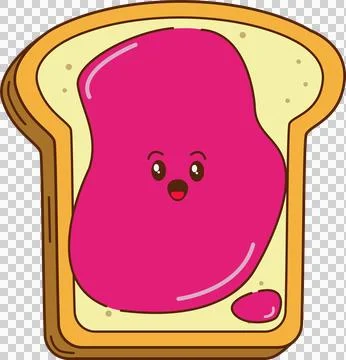 Cartoon bread slice is featuring smiling pink jelly blob in flat design, 스톡 일러스트