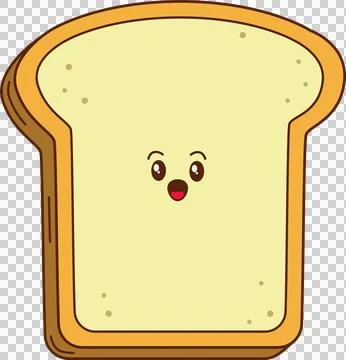 Cartoon bread slice is smiling in flat design with glossy eyes and red tongue, 스톡 일러스트
