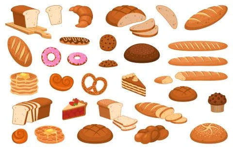 Cartoon bread. Various sweet breads and slices of bake roll, bakery product Illustrazione stock