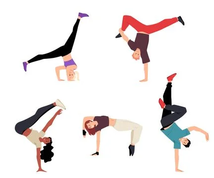 Cartoon breakdancer in action vector set, break dancers handstands, teenager Stock Illustration