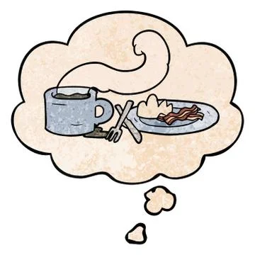 Cartoon breakfast and thought bubble in grunge texture pattern style Stock Illustration