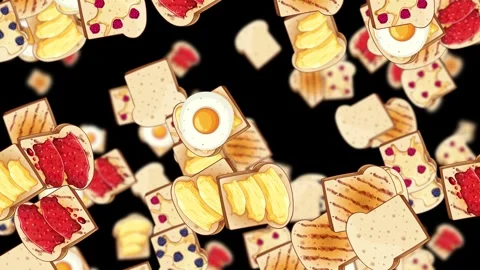 Cartoon Breakfast Bread and Toppings Falling on Black Background Stock Footage 323430586