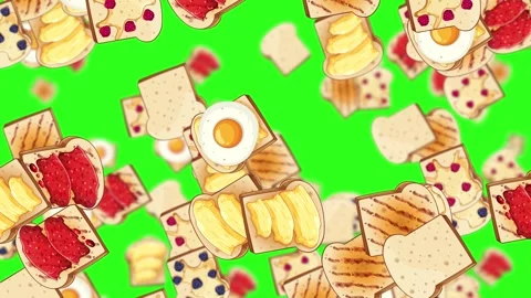 Cartoon Breakfast Bread Falling on Bright Green Background Stock Footage 323430685