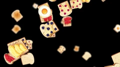 Cartoon Breakfast Bread Slices Falling on Black Background Stock Footage 324839108