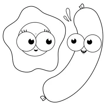 Cartoon breakfast characters, fried egg and sausages. Vector coloring page. Stock Illustration