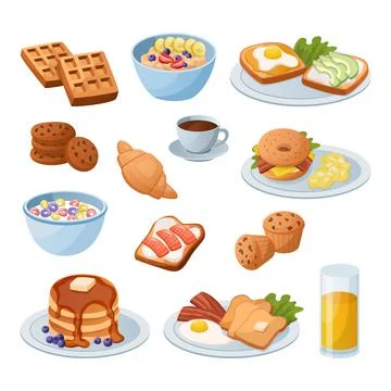 Cartoon breakfast. Morning drink and food. Cup of coffee or glass full of juice Stock Illustration