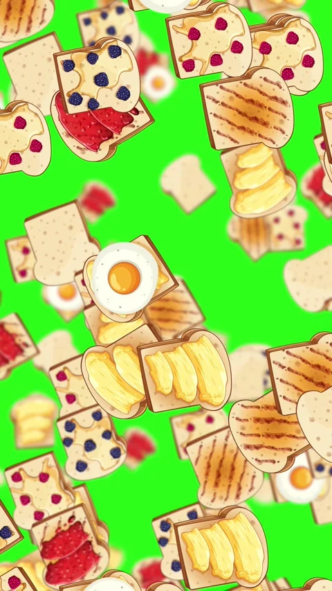 Cartoon Breakfast Pastries Falling on Bright Green Background Stock Footage 323681048