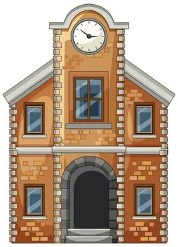Cartoon Brick Clock Tower Building Front View Stock Illustration