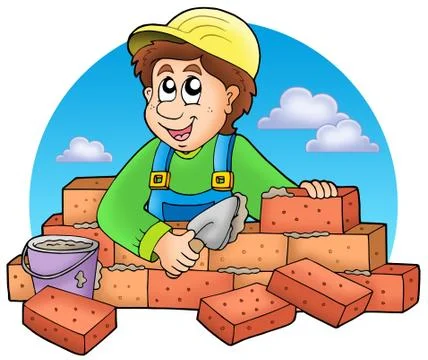Cartoon bricklayer with clouds Stock Illustration