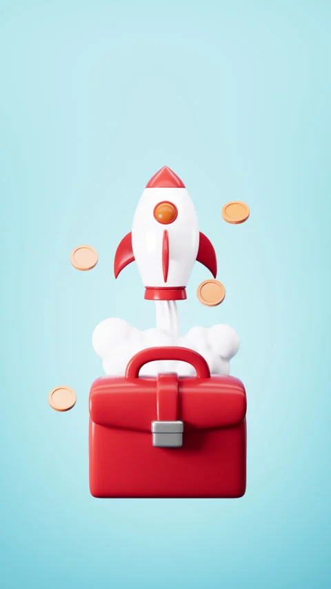 Cartoon briefcase and rocket, symbolize career advancement or success. 3d r.. Stock Footage 332174652