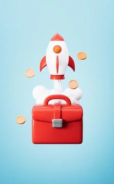 Cartoon briefcase and rocket, symbolize career advancement or success. 3d r.. Stock Illustration