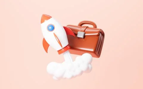 Cartoon briefcase and rocket, symbolize career advancement or success. 3d r.. Ilustración de archivo
