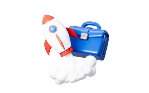 Cartoon briefcase and rocket, symbolize career advancement or success. 3d r.. Stock Illustration