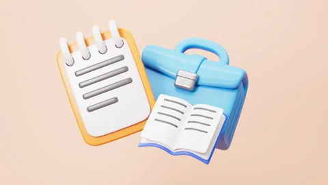 Cartoon briefcase, memorandum and notebook in the orange background, 3d ren.. Stock Footage 332174581