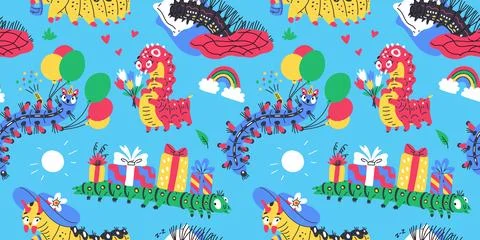 Cartoon bright vector seamless pattern with caterpillars, cute worm insect with Illustrazione stock