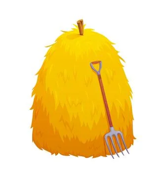 Cartoon bright yellow haystack with a pitchfork Stock Illustration