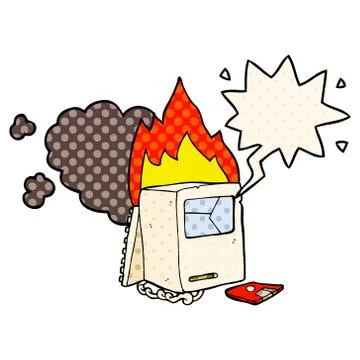 Cartoon broken computer and speech bubble in comic book style Stock Illustration
