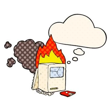 Cartoon broken computer and thought bubble in comic book style Stock Illustration