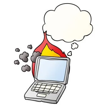 Cartoon broken laptop computer and thought bubble in smooth gradient style 스톡 일러스트