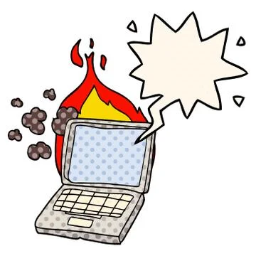 Cartoon broken laptop computer and speech bubble in comic book style 스톡 일러스트