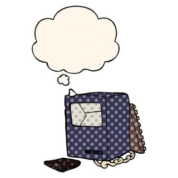 Cartoon broken old computer and thought bubble in comic book style Stock Illustration