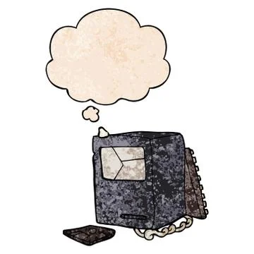 Cartoon broken old computer and thought bubble in grunge texture pattern styl 스톡 일러스트