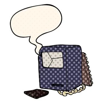 Cartoon broken old computer and speech bubble in comic book style Stock Illustration