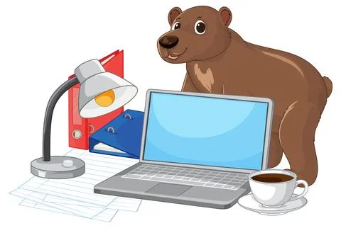 Cartoon Brown Bear Standing Behind a Laptop and Office Supplies Stock Illustration