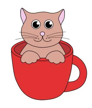 Cartoon Brown Cat character. Cute Kitten siting in red cup Stock Illustration