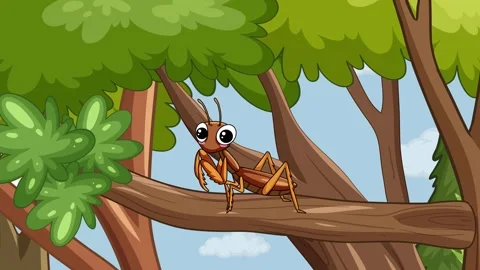 Cartoon Brown Grasshopper Perched on a Tree Branch in the Forest Stock Footage 332964532