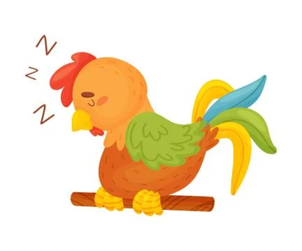 Cartoon brown rooster sleeping on a thin stick. Vector illustration on a white Stock Illustration