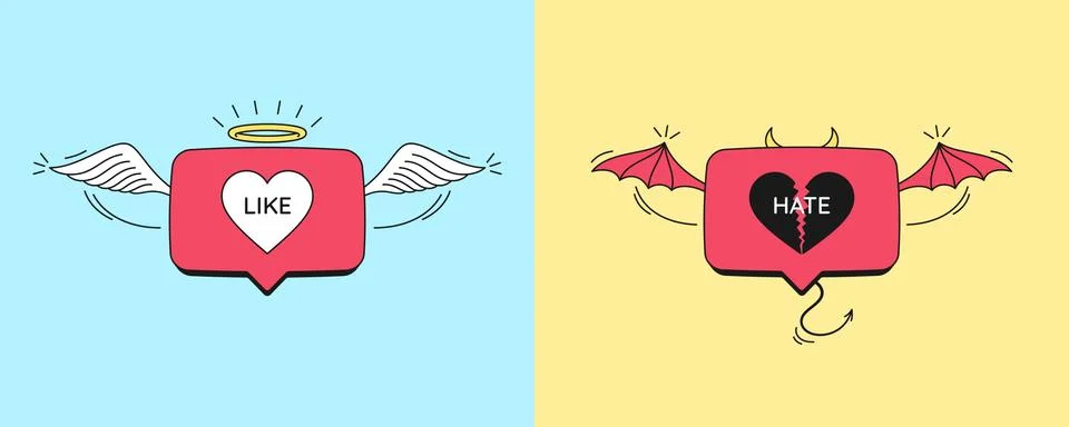 Cartoon bubble notifications with text Like and Hate for social media イラスト素材