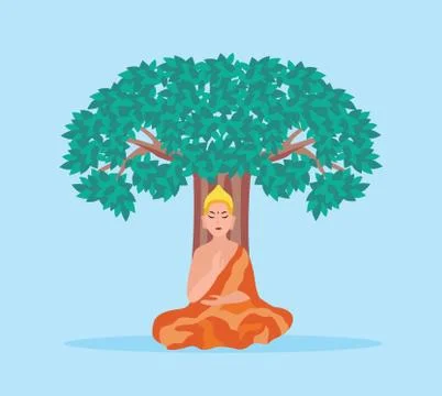 Cartoon Buddha sitting under a tree - Hinduism religion god in lotus pose Stockillustratie