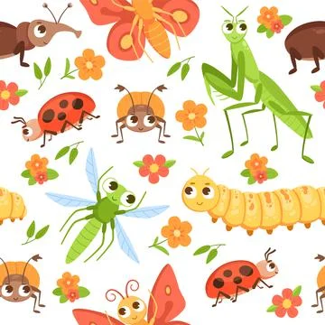 Cartoon bug pattern. Seamless print with insect characters and flowers Stock Illustration