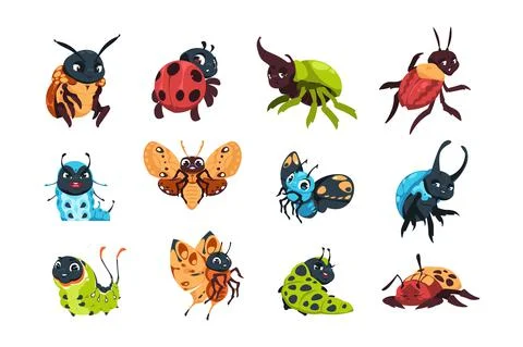 Cartoon bugs. Cute happy ladybug caterpillar and butterfly with funny face Stock Illustration