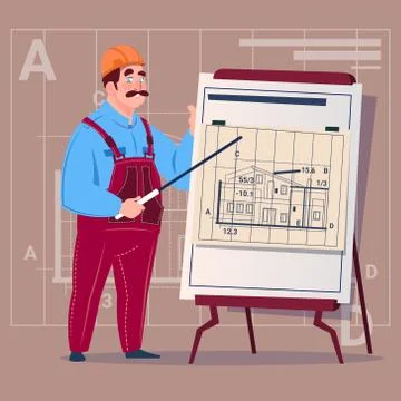Cartoon Builder Explain Plan Of Building Blueprint Wearing Uniform And Helmet Stock Illustration