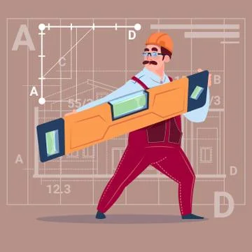 Cartoon Builder Holding Carpenter Level Wearing Uniform And Helmet Construction Stock Illustration
