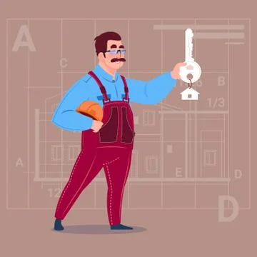 Cartoon Builder Holding Key From New House Over Abstract Plan Background Male Stock Illustration