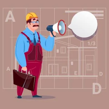Cartoon Builder Holding Megaphone Making Announcement Construction Worker Over Stock Illustration
