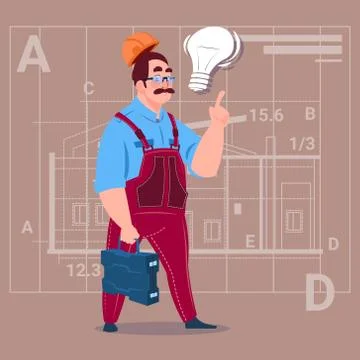 Cartoon Builder With Light Bulb Wearing Uniform And Helmet Construction Worker Stock Illustration