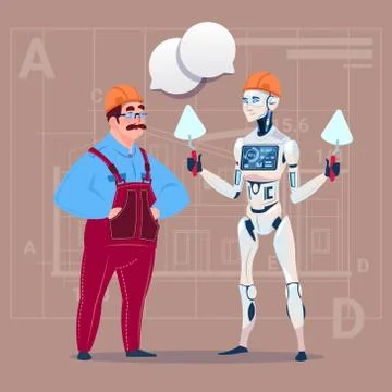 Cartoon Builder Working With Robot Holding Spatula Modern Building Technology Stock Illustration