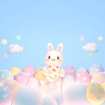 Cartoon bunny and easter eggs on the clouds Stock Illustration