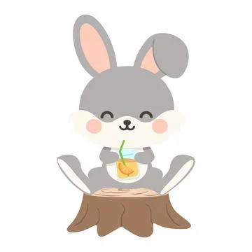 Cartoon Bunny Drinking Juice on Tree Stump Stock Illustration